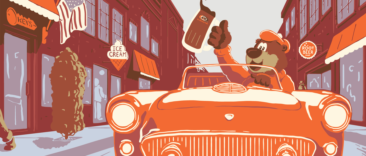 Artwork of Rooty the Great Root Bear driving in an orange car down Main Street. Rooty is holding a mug of A&W Root Beer in his right hand.